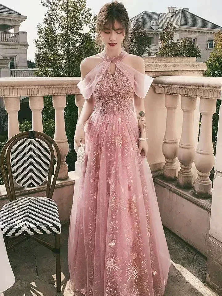 Pink party dress, halter neck prom dress, sweet fairy evening dress Y1918 - Image 4