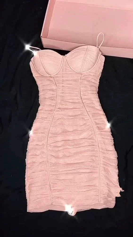 Feminine Sexy Style Pink Pleated Spaghetti Strap Body Dress Mini Homecoming Dress Y380 - Image 2