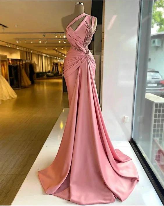 Pink Pleated Prom Dresses, Pearls Prom Dresses,  Satin Evening Dresses, Arabic Prom Dresses Y560 - Image 2