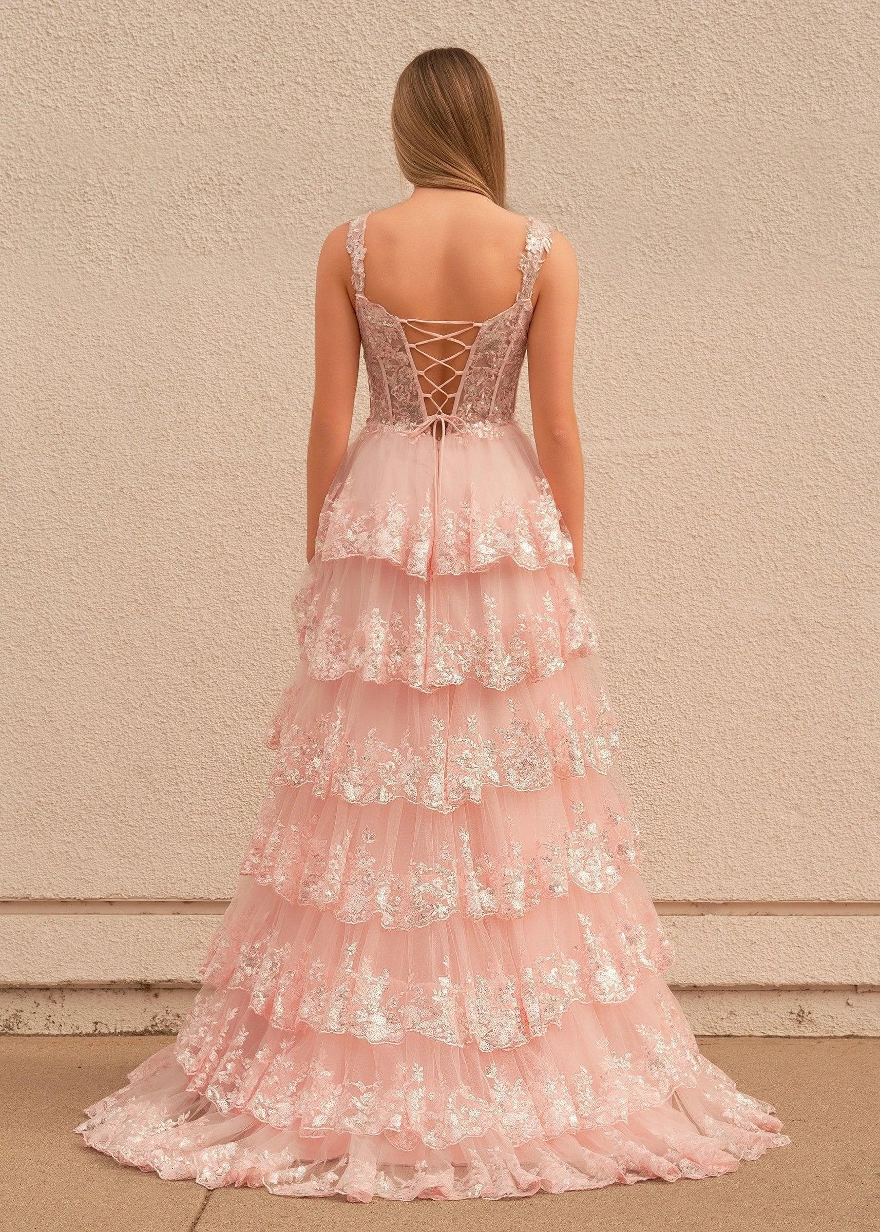 Pink Princess A Line Off the Shoulder Corset Prom Dress with Lace Ruffles - Image 2