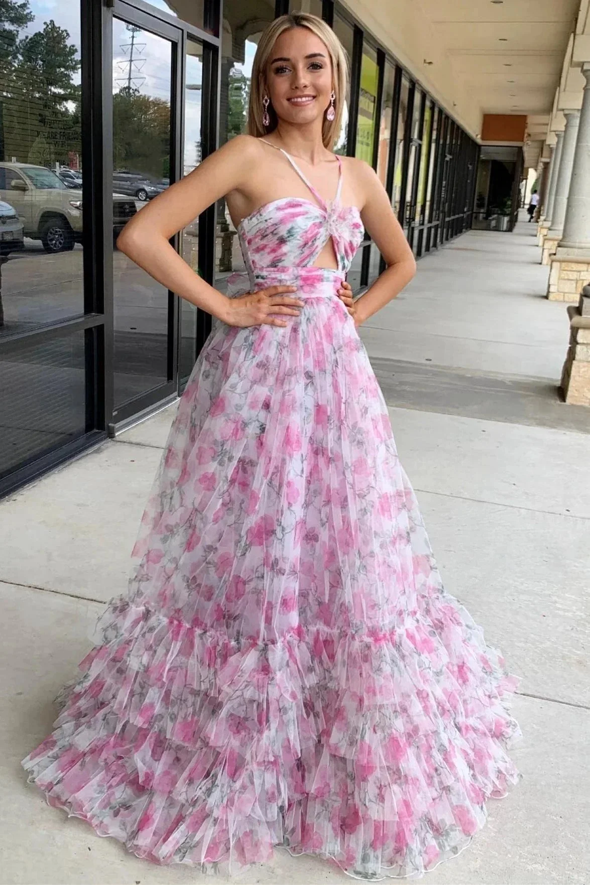 Rita | Pink Print Halter Keyhole A-Line Long Prom Dress - Image 6
