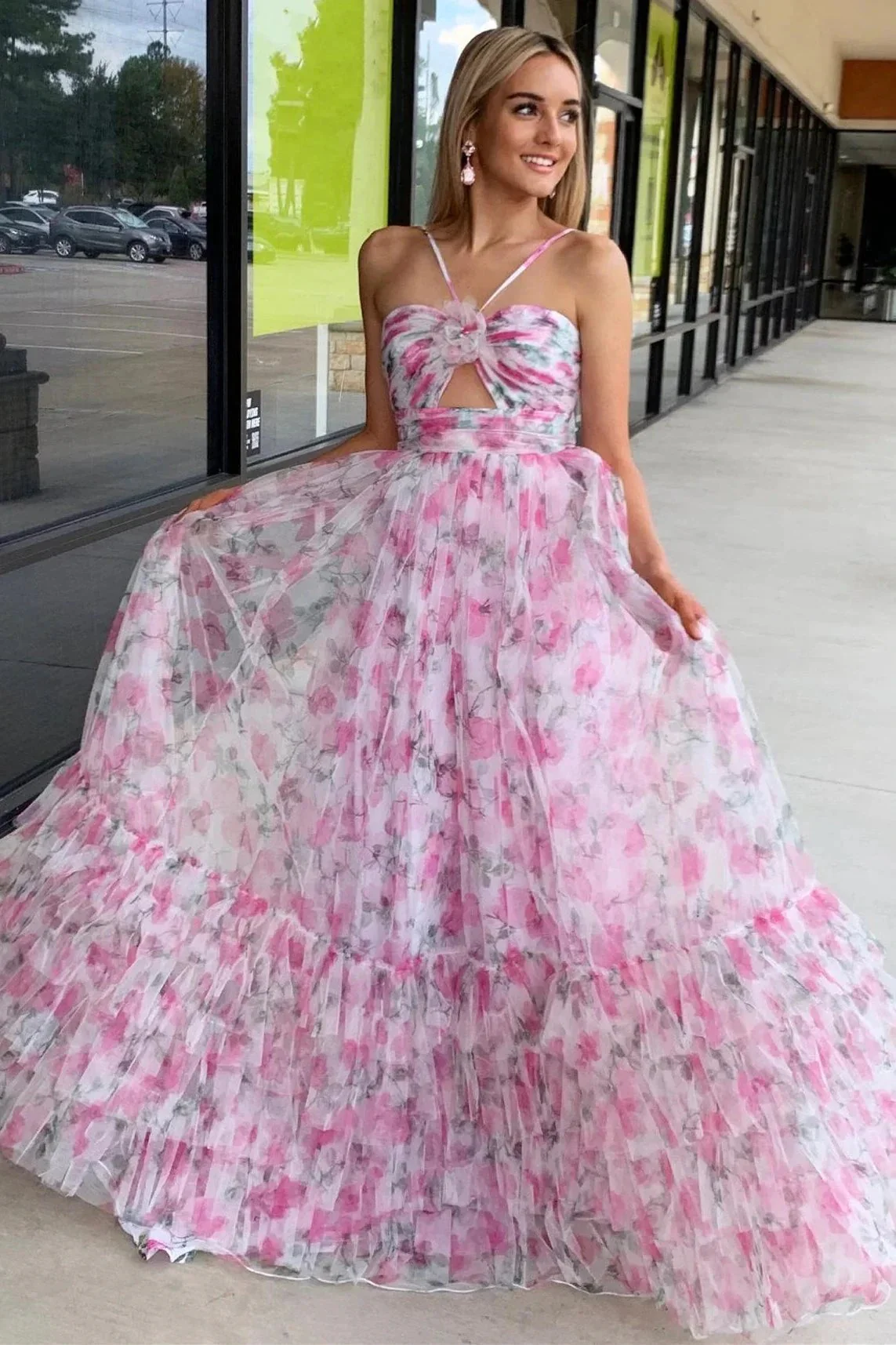 Rita | Pink Print Halter Keyhole A-Line Long Prom Dress - Image 7