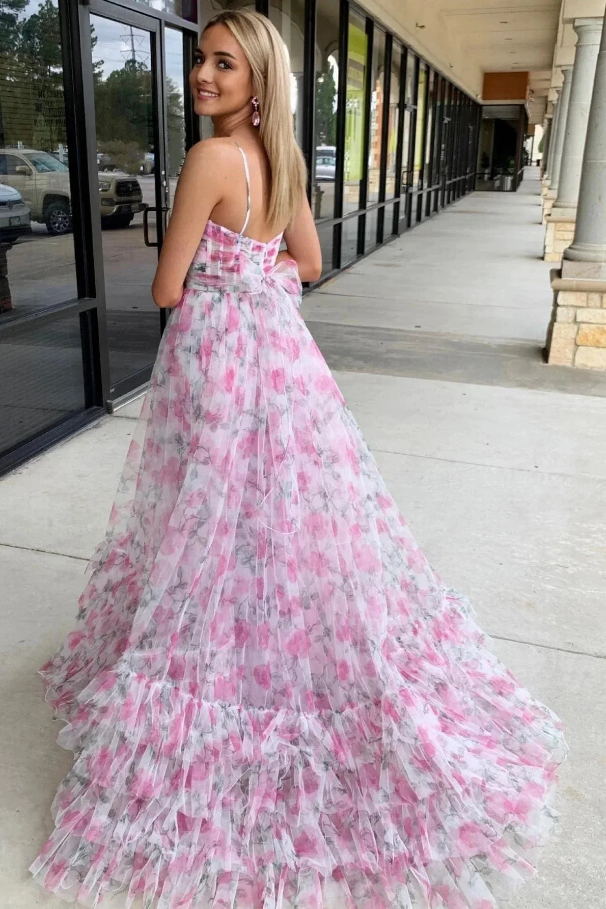 Rita | Pink Print Halter Keyhole A-Line Long Prom Dress - Image 8
