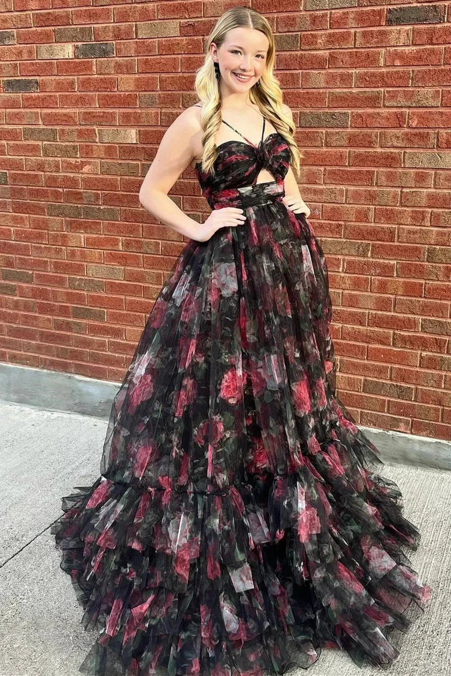 Rita | Pink Print Halter Keyhole A-Line Long Prom Dress - Image 9