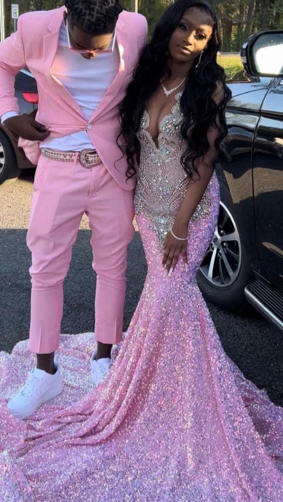 Pink prom dresses, deep v neck prom dresses, sparkly prom dresses, evening dresses, mermaid evening dresses Y467 - Image 2