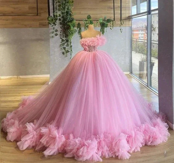 pink prom dresses, ruffle prom dresses, ball gown,puffy prom dresses, tulle evening dresses, new arrival evening dresses Y1492 - Image 2