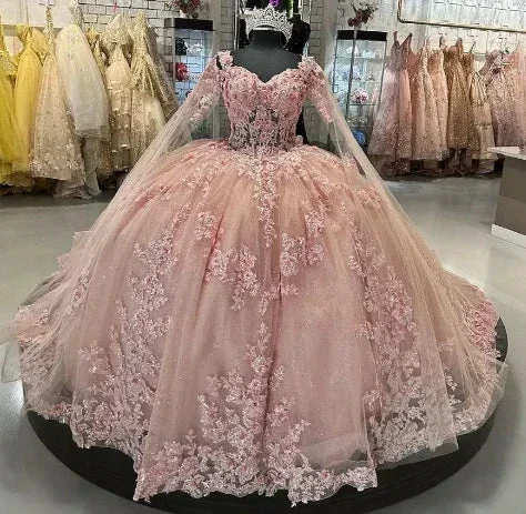 Pink Quinceanera Dresses Off Shoulder Flowers Lace Appliques Beaded Puffy Party Princess Sweet 16 Ball Gown  Y2936 - Image 2