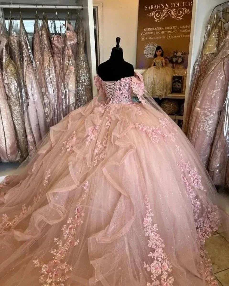 Pink Quinceanera Dresses Off Shoulder Flowers Lace Appliques Beaded Puffy Party Princess Sweet 16 Ball Gown  Y2936 - Image 3