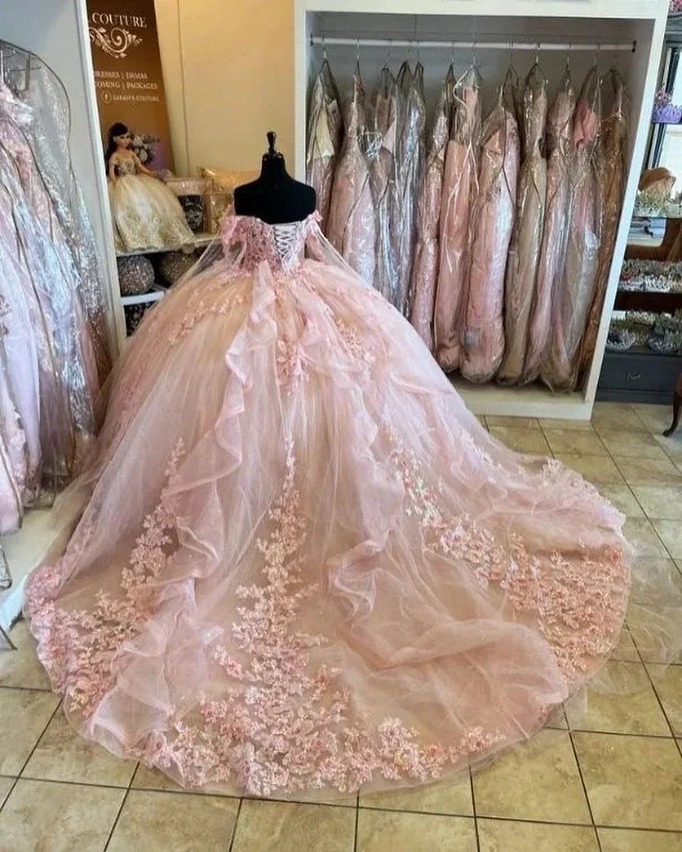 Pink Quinceanera Dresses Off Shoulder Flowers Lace Appliques Beaded Puffy Party Princess Sweet 16 Ball Gown  Y2936 - Image 4