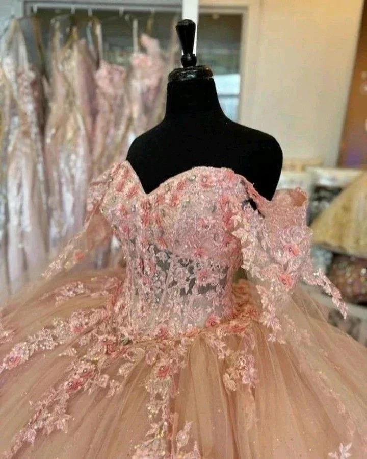 Pink Quinceanera Dresses Off Shoulder Flowers Lace Appliques Beaded Puffy Party Princess Sweet 16 Ball Gown  Y2936 - Image 5