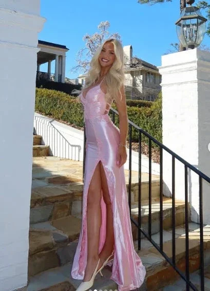 Pink Satin Appliques Mermaid Prom Dress Long Slit Evening Gown Y8263 - Image 3