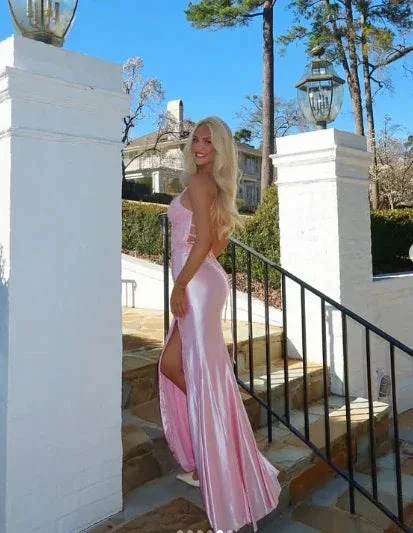 Pink Satin Appliques Mermaid Prom Dress Long Slit Evening Gown Y8263 - Image 4