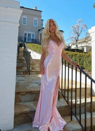 Pink Satin Appliques Mermaid Prom Dress Long Slit Evening Gown Y8263 - Image 6