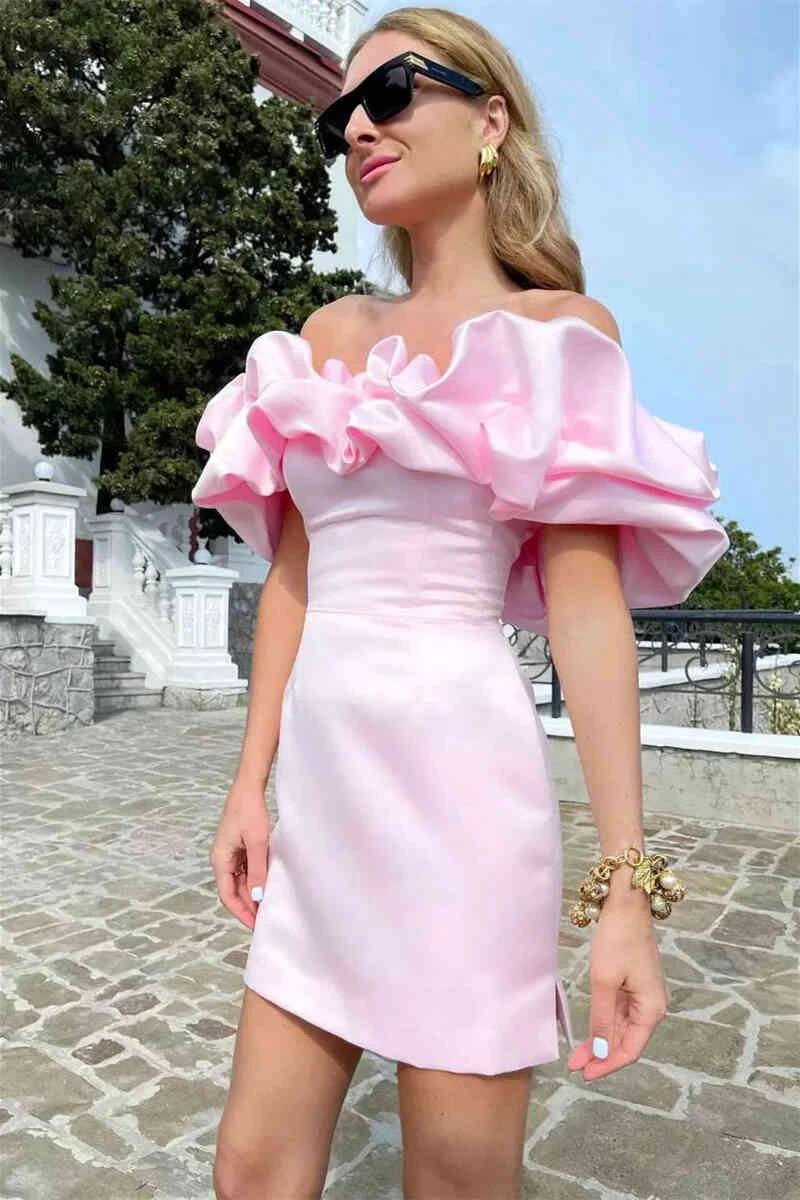 pink satin mini dress Off The Shoulder Short Dresses SYH2 - Image 3