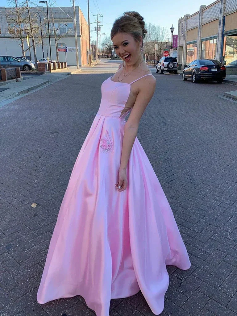 Pink Satin Prom Dress with Pockets, Pink Satin Long Formal Evening Dresses Y237 - Image 2