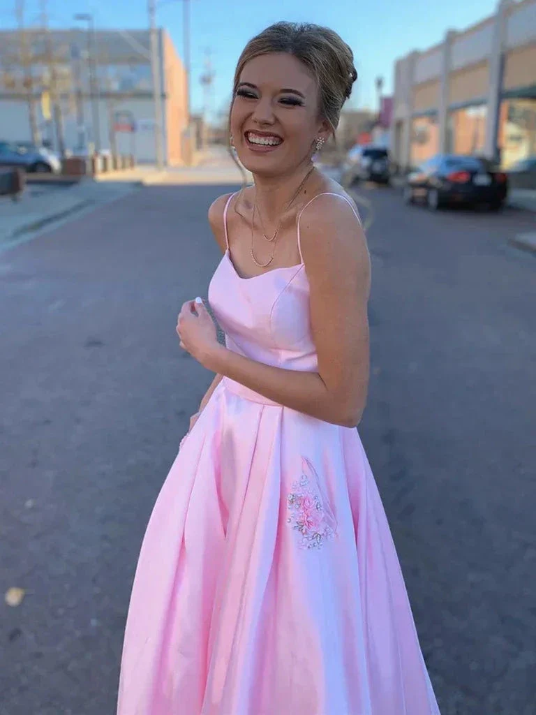 Pink Satin Prom Dress with Pockets, Pink Satin Long Formal Evening Dresses Y237 - Image 3