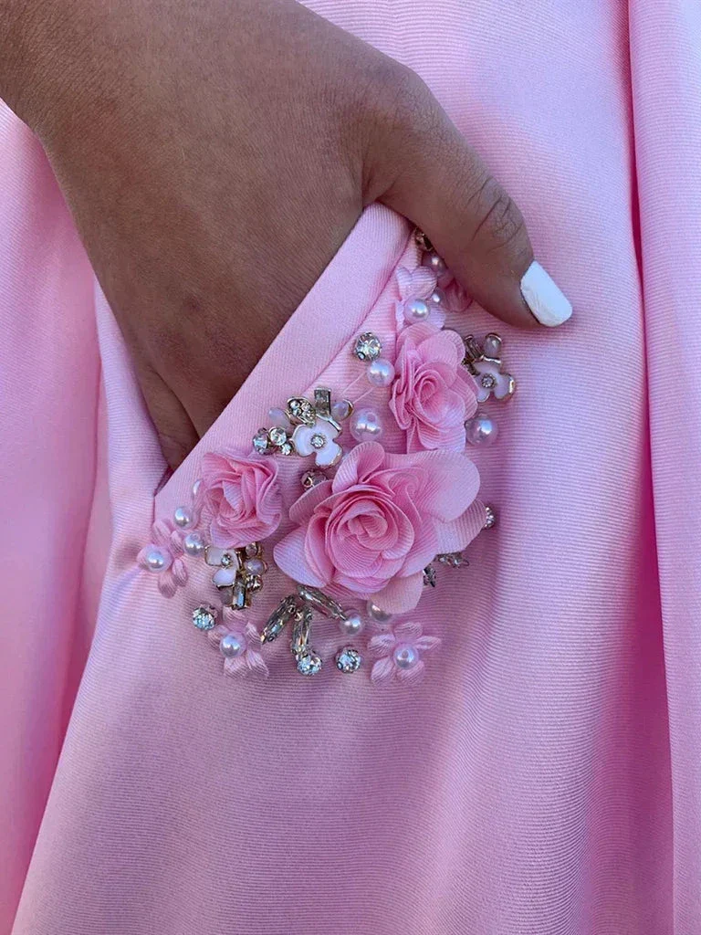 Pink Satin Prom Dress with Pockets, Pink Satin Long Formal Evening Dresses Y237 - Image 4