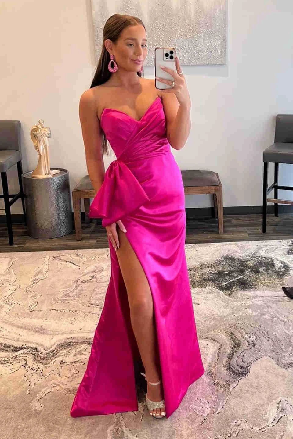 Off Shoulder Pink Satin Prom Dresses With Slit SYP90 - Image 2