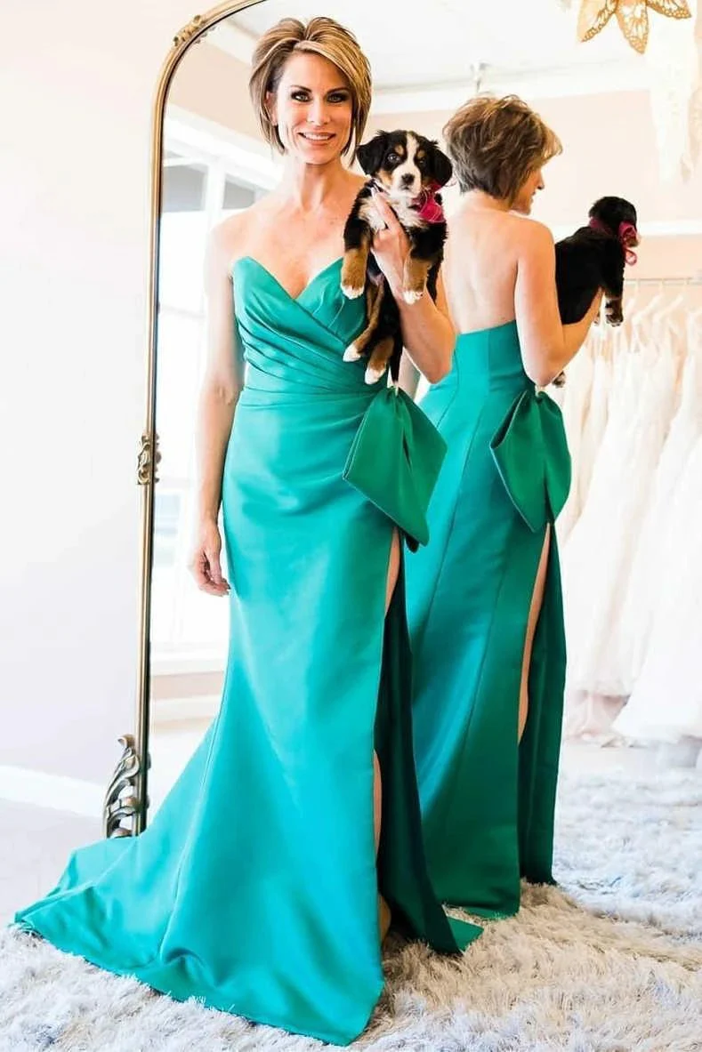 Off Shoulder Pink Satin Prom Dresses With Slit SYP90 - Image 3