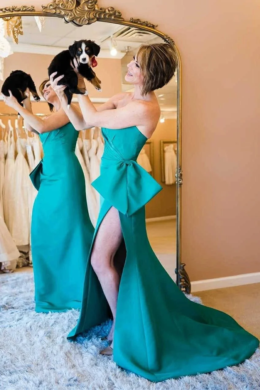 Off Shoulder Pink Satin Prom Dresses With Slit SYP90 - Image 4