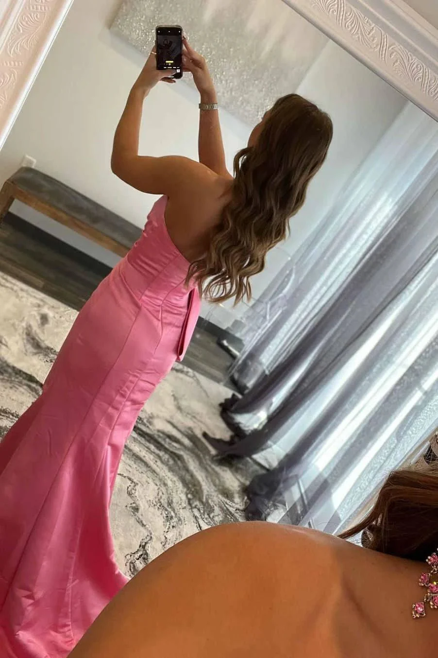 Off Shoulder Pink Satin Prom Dresses With Slit SYP90 - Image 6