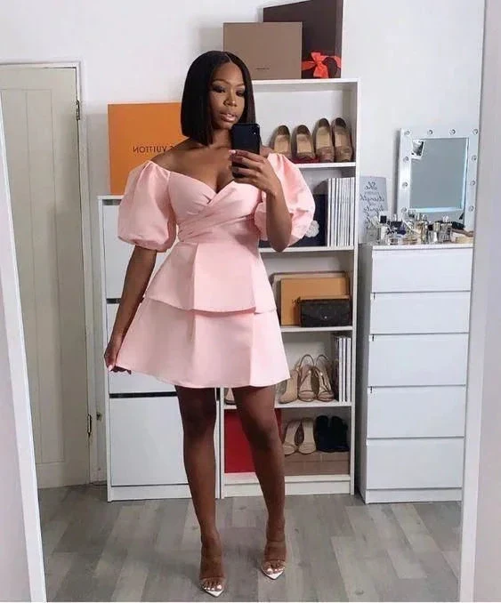 Pink Satin Short Homecoming Dress With Puffy Sleeves Y2183 - Image 2