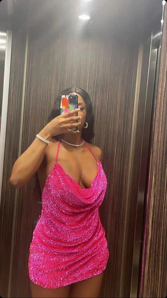 Pink sequin cowl neck mini dress sexy homecoming dress Y66 - Image 2