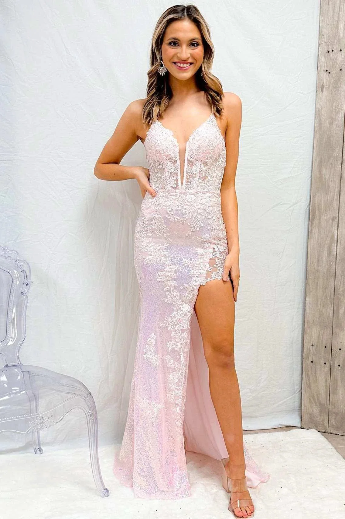 Kalani |Mermaid V Neck Sequined Lace Prom Dress with Slit - Image 2