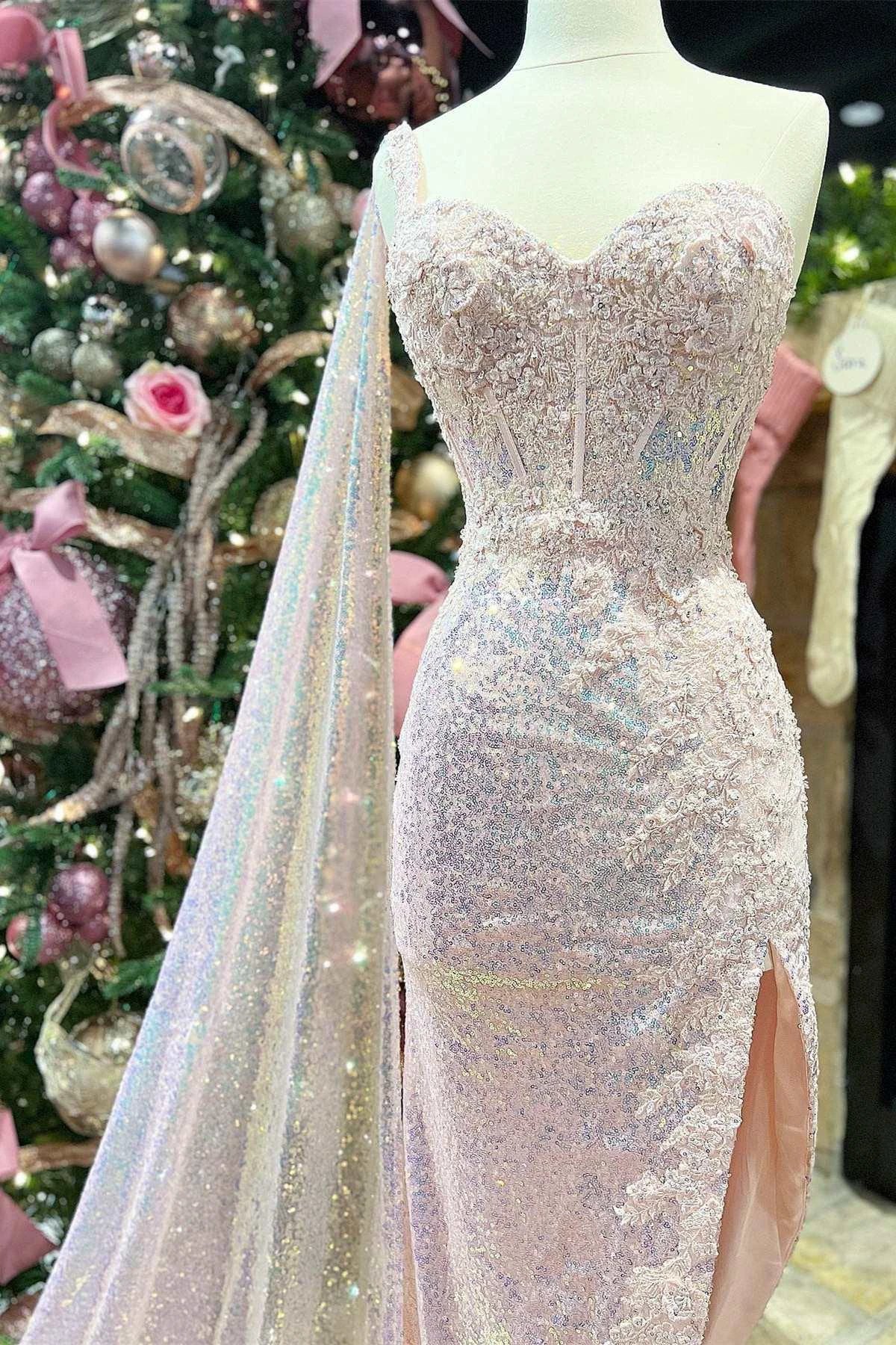 Pink Sequin Lace Sweetheart High-Low Prom Dress with Attached Train - Image 2