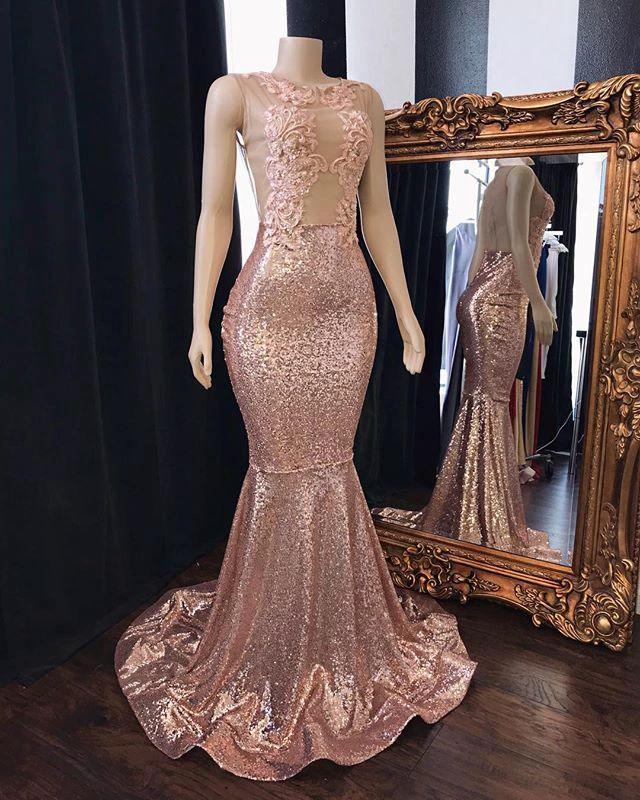 Pink Sequins Mermaid Prom Dresses Long Tulle Backless Evening Gowns - Image 2