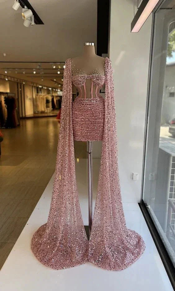 Sequins Sparkling Elegant Prom Dresses With Long Wrap Train Short Mini Length Women Sexy Party Cocktail Gowns Custom Made Y2983