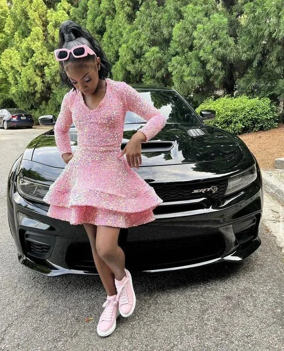 Pink Sequins Tiered Homecoming Dress 8th Grade Prom Long Sleeves Y498 - Image 2