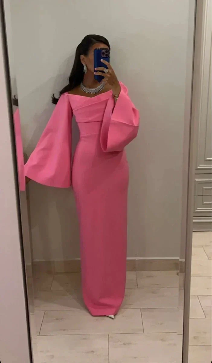 Pink Sheath/Column Floor Length Evening Dress with Bell Sleeves Y4019 - Image 2