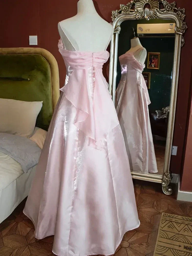 Pink Shimmering Satin Spaghetti Straps Prom Dress Fairy A Line Princess Dress Evening Gown Y7555 - Image 2