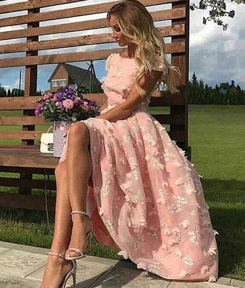 Pink Short Flowers Jewel A-Line Tea-length Prom Dresses - Image 2