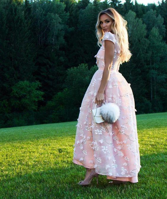 Pink Short Flowers Jewel A-Line Tea-length Prom Dresses - Image 3