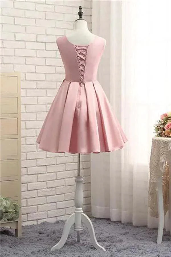 Pink Short Prom Dress Satin Homecoming Dress with Gold Applique PD116 - Image 2