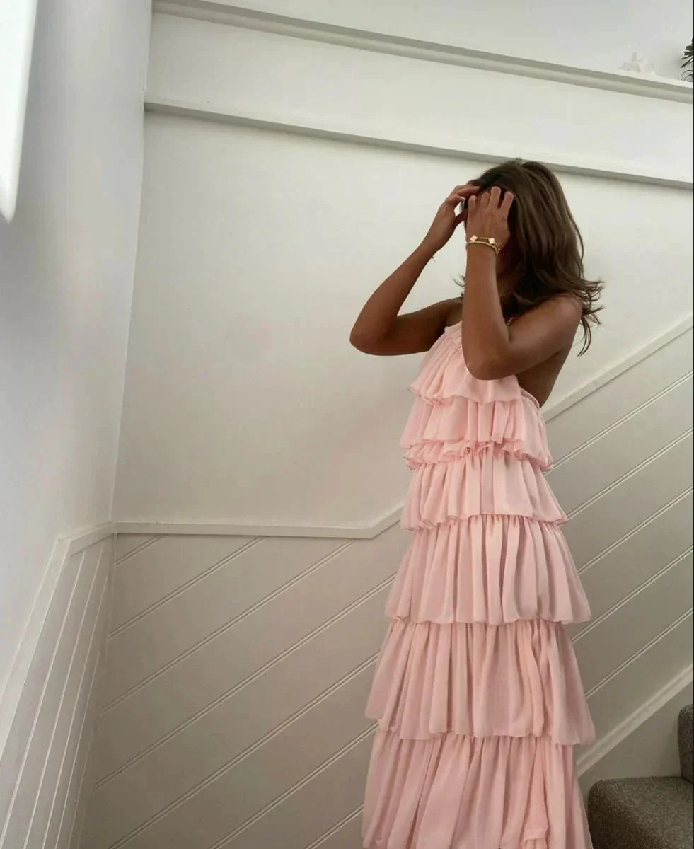 Pink Sleeveless Layered Long Prom Dress,Pink Evening Dress Y2301 - Image 2