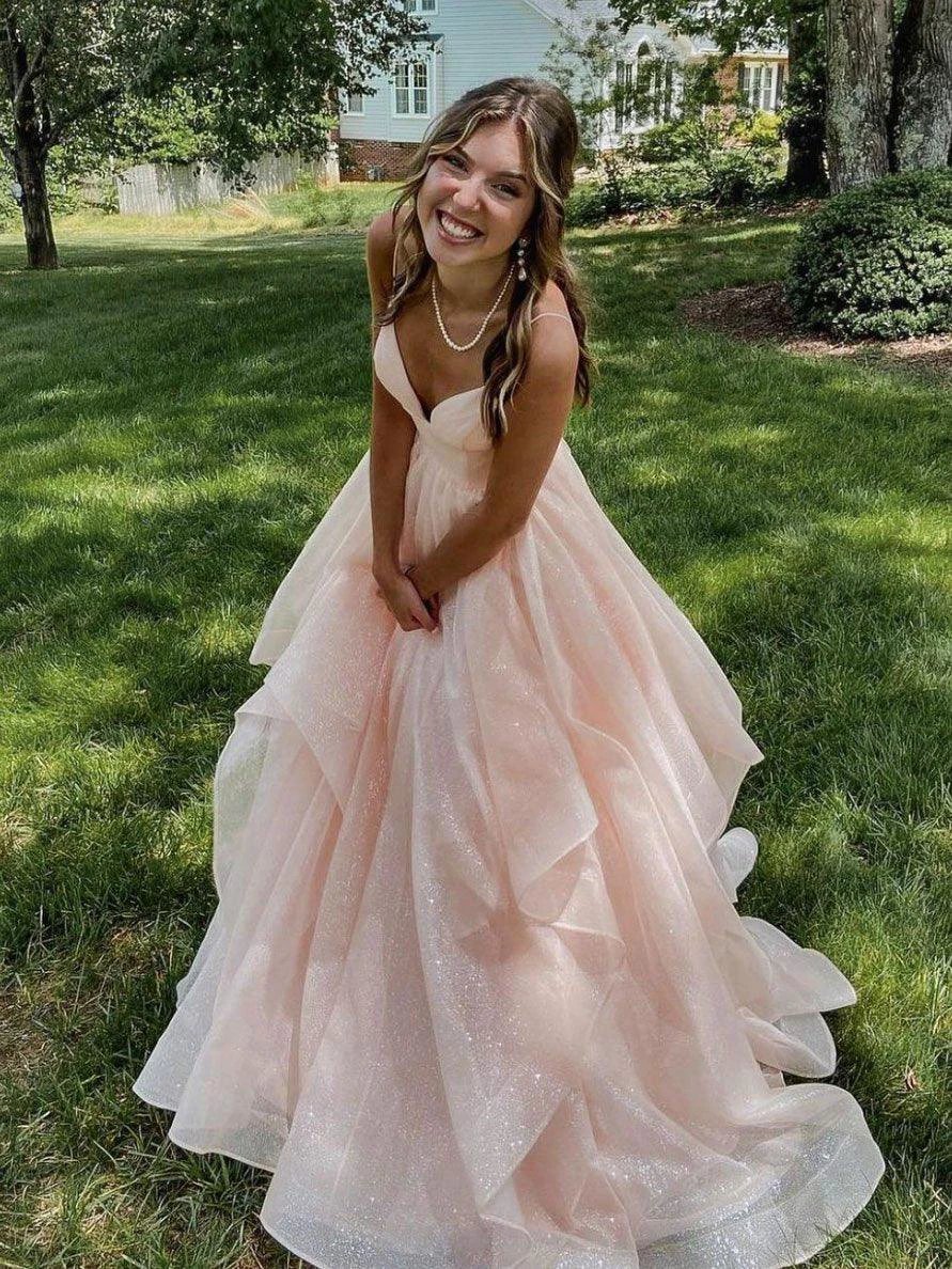 Pink spaghetti straps a line prom dress,layered evening gown,sparkle prom long dress Y1303 - Image 2