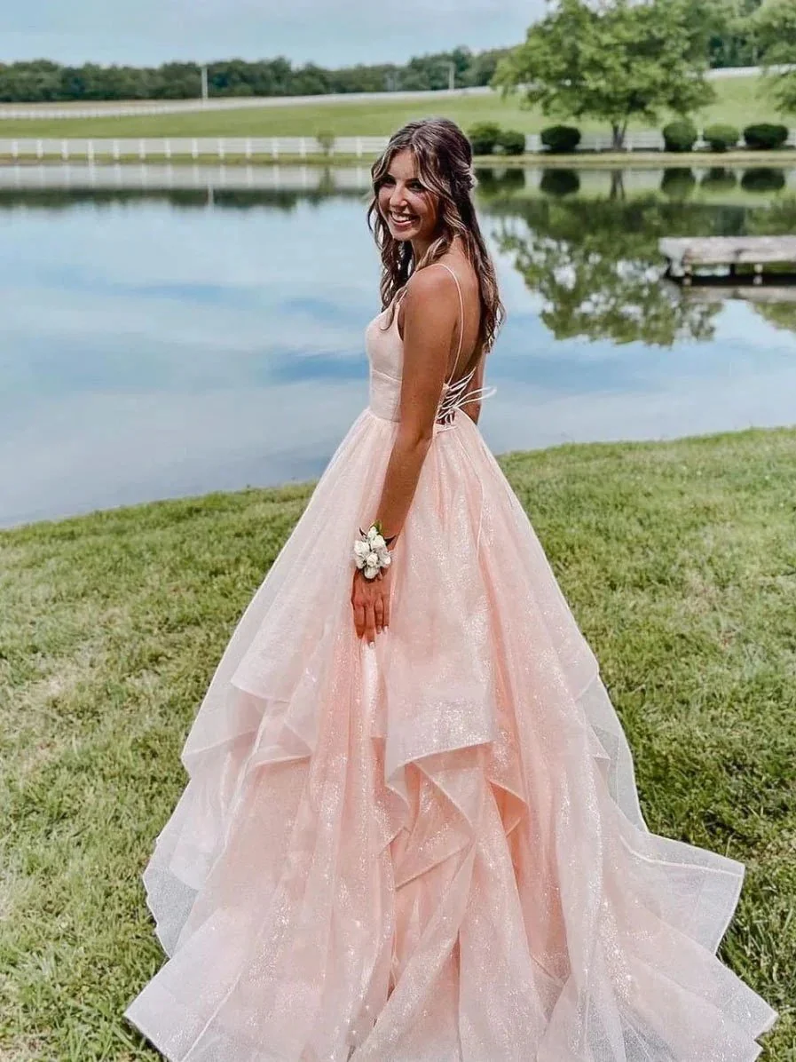Pink spaghetti straps a line prom dress,layered evening gown,sparkle prom long dress Y1303 - Image 3