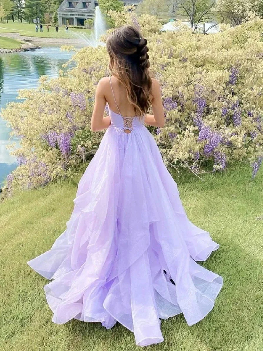 Pink spaghetti straps a line prom dress,layered evening gown,sparkle prom long dress Y1303 - Image 4