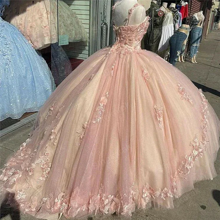 Pink Sparkly Quinceanera Prom Dresses Lace Flower Sweet 16 Tulle Party Ball Gown Y57 - Image 2