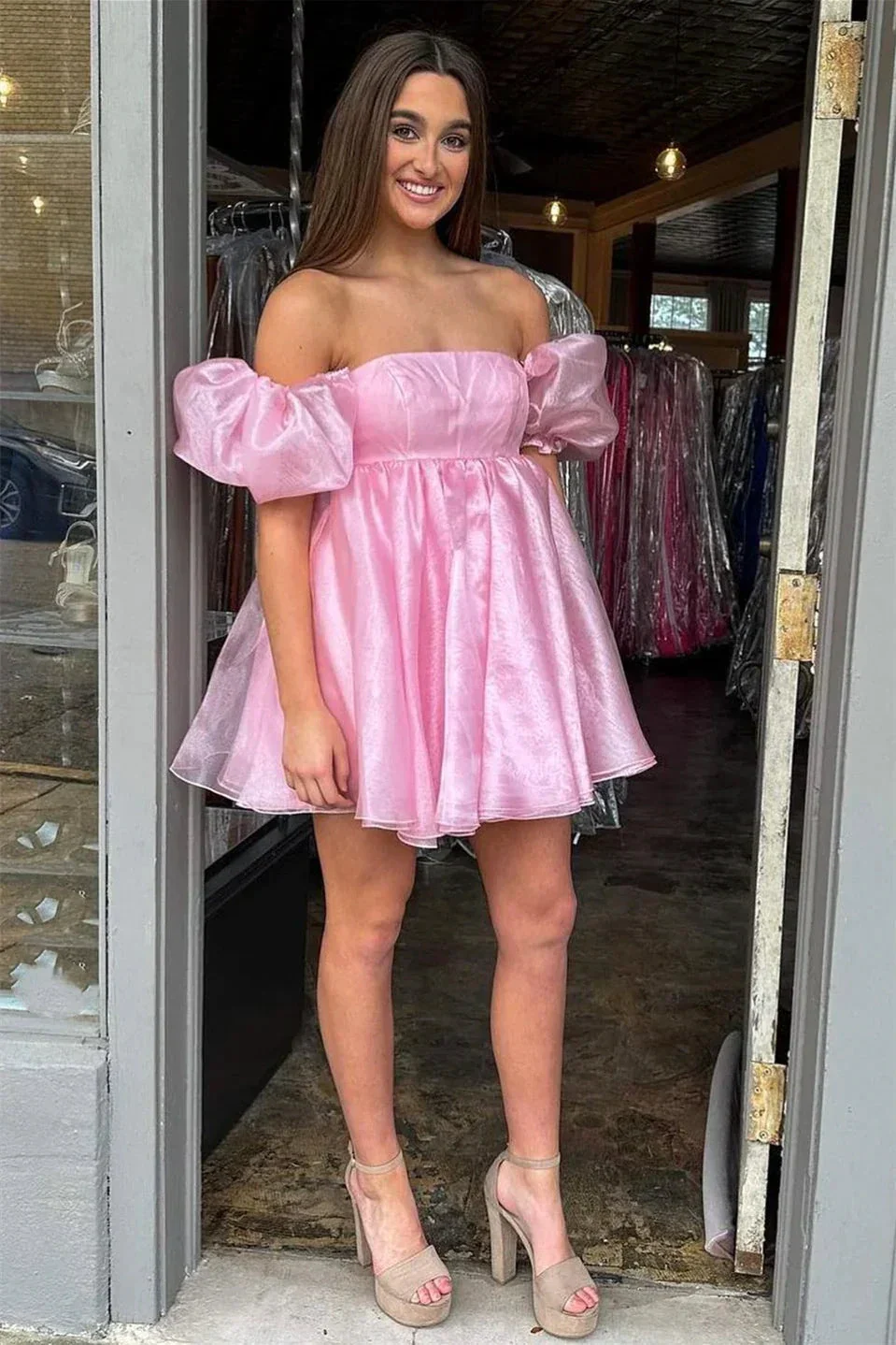 Pink Square Neck Balloon Sleeves A-Line Homecoming Dress Y2434 - Image 2