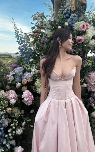 Pink Strapless A Line Long Prom Dress Elegant Evening Dress Brithday Outfits Y7531 - Image 4