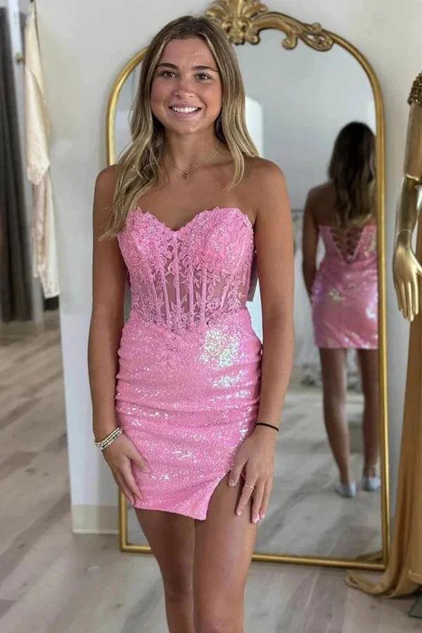 Pink Strapless Applique Bodycon Homecoming Dress wiith Sleeves PD557 - Image 3