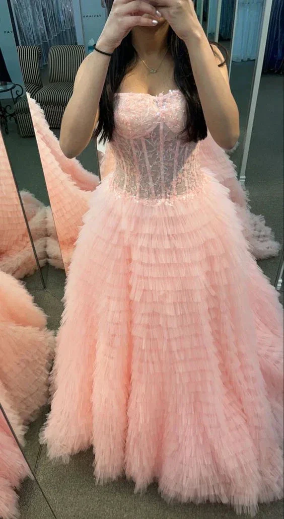 Pink Strapless Ball Gown Prom Dress with Sheer Lace Corset Bodice and Ruffle Skirt Y6688 - Image 2
