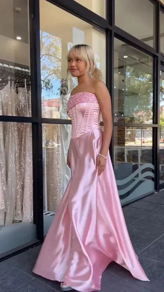 Pink Strapless Beaded Satin Formal Mermaid Prom Evening Dress Y7866 - Image 2