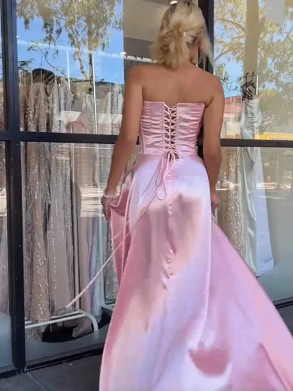 Pink Strapless Beaded Satin Formal Mermaid Prom Evening Dress Y7866 - Image 3