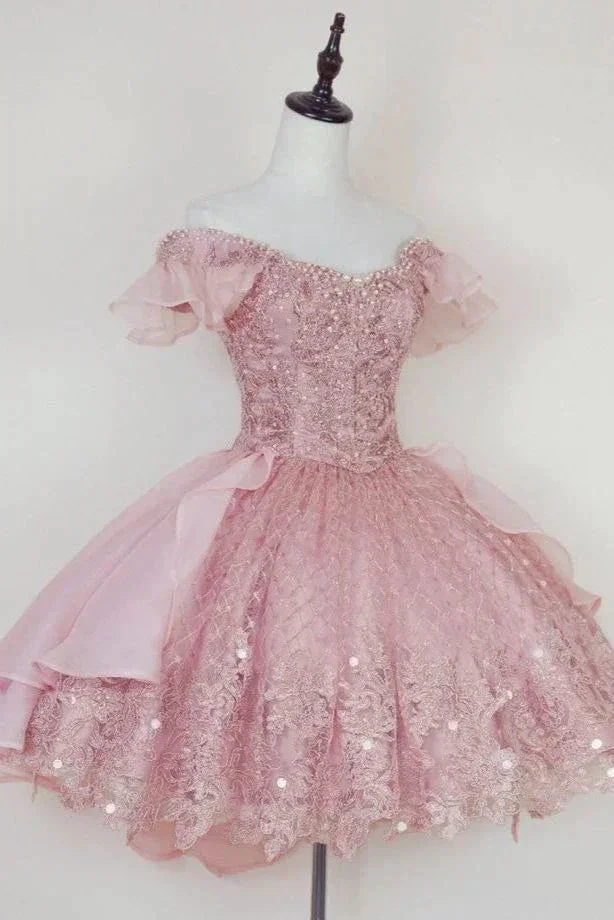 Princess Pink Lace Applique Short Homecoming Dress Y2502 - Image 2