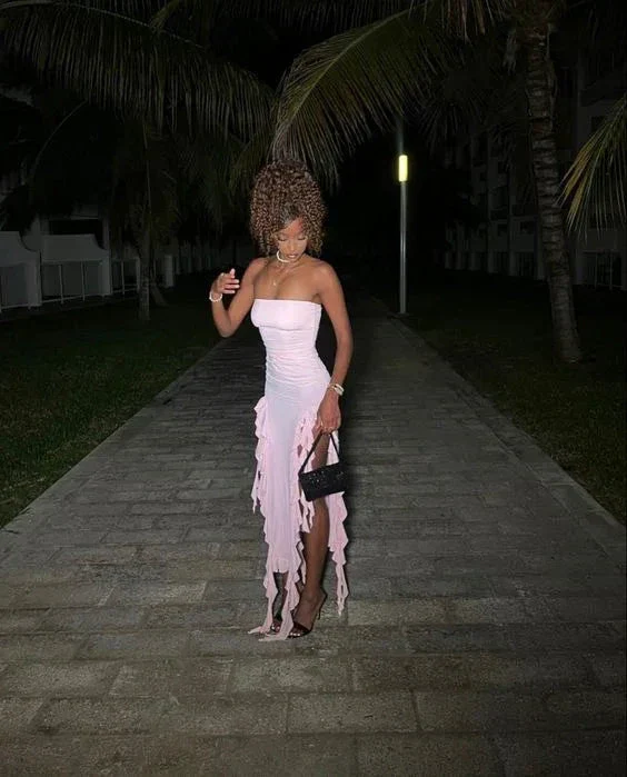 Pink Strapless Ruffle Evening Dress Women Sexy Bodycon Fringe Elegant Sleeveless Backless Holiday Club Party Dress Y6438 - Image 2